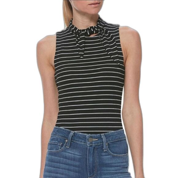 Paige Sparrow Striped Sleeveless Tie Neck Bodysuit Size XS Black White - Picture 1 of 16